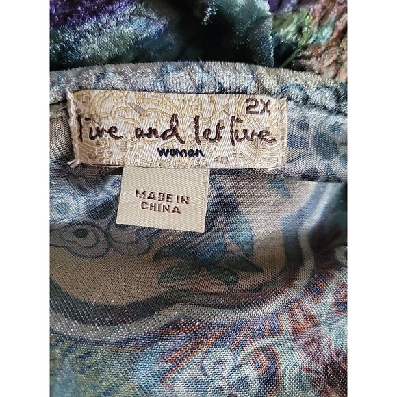 Live and Let Live Top Sz 2X Multicolor Velour Boho Lace Hem  3/4 Sleeve V-Neck - Picture 8 of 10
